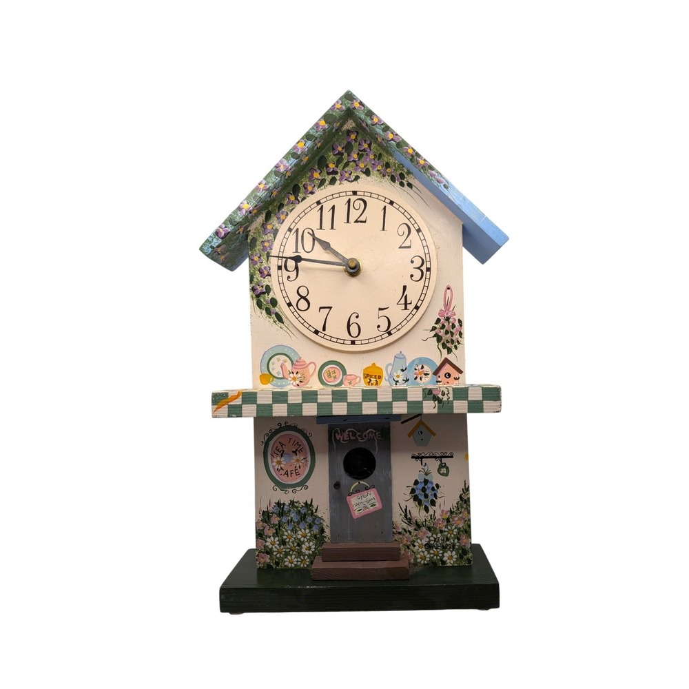 Vtg Wood Tea Party Country Clock Teatime Kitchen Decor Cottagecore Grannycore